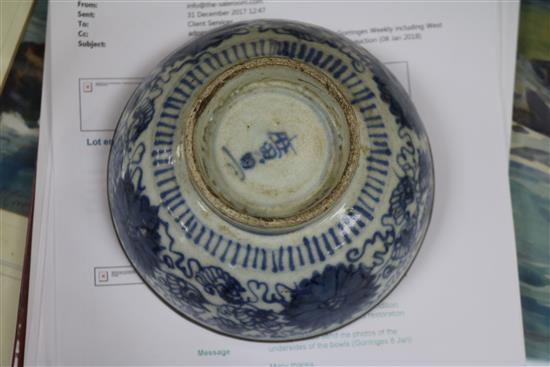 A Chinese blue and white bowl, five plates and two cups